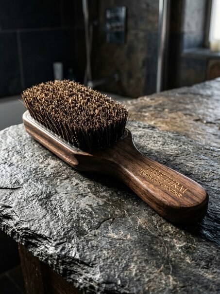A wooden brush with stiff bristles labeled The Firm sitting on a textured stone countertop.
