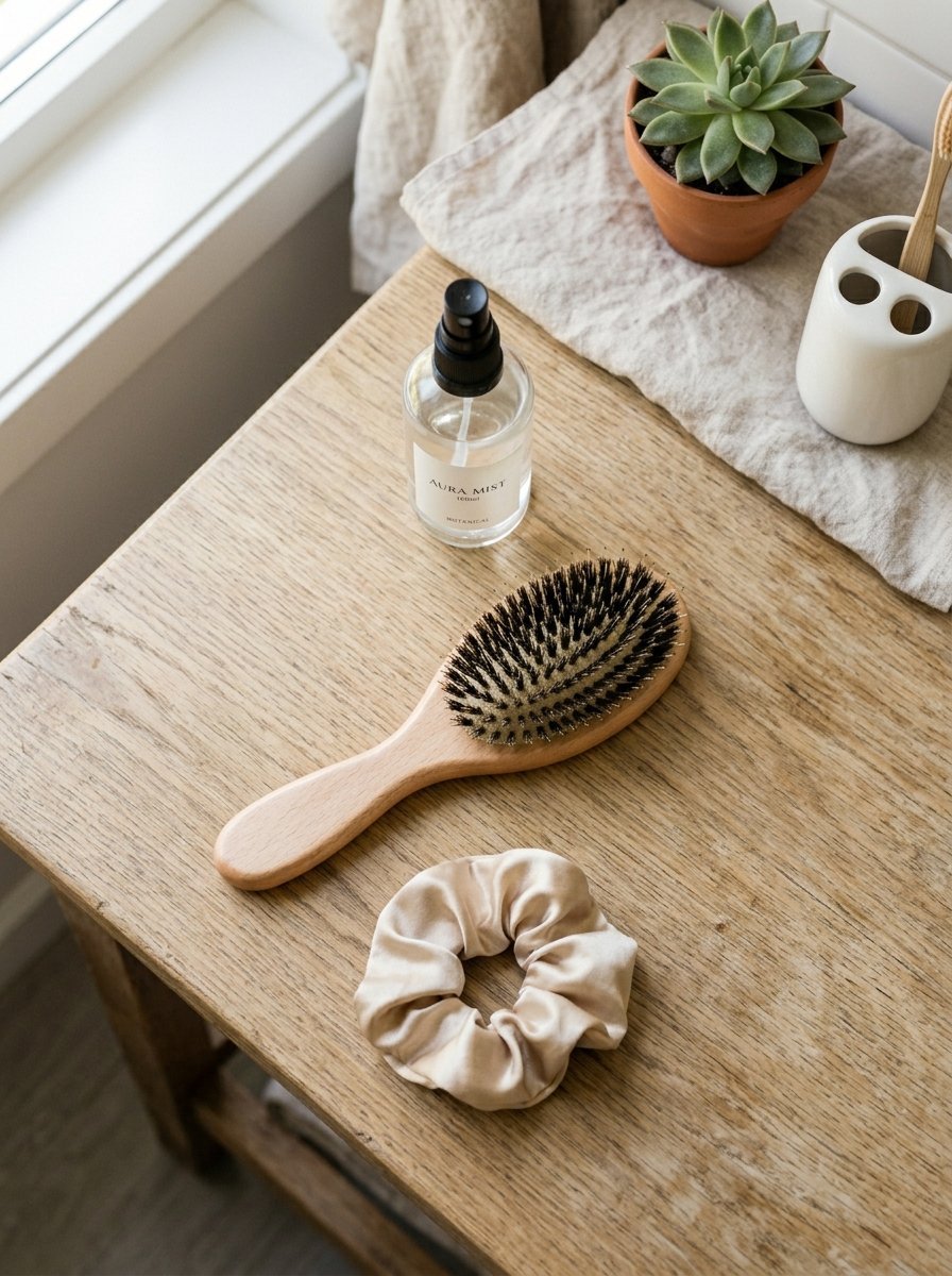 Top-down view of a hairbrush, silk scrunchie, spray bottle, and small succulent on a wooden table.