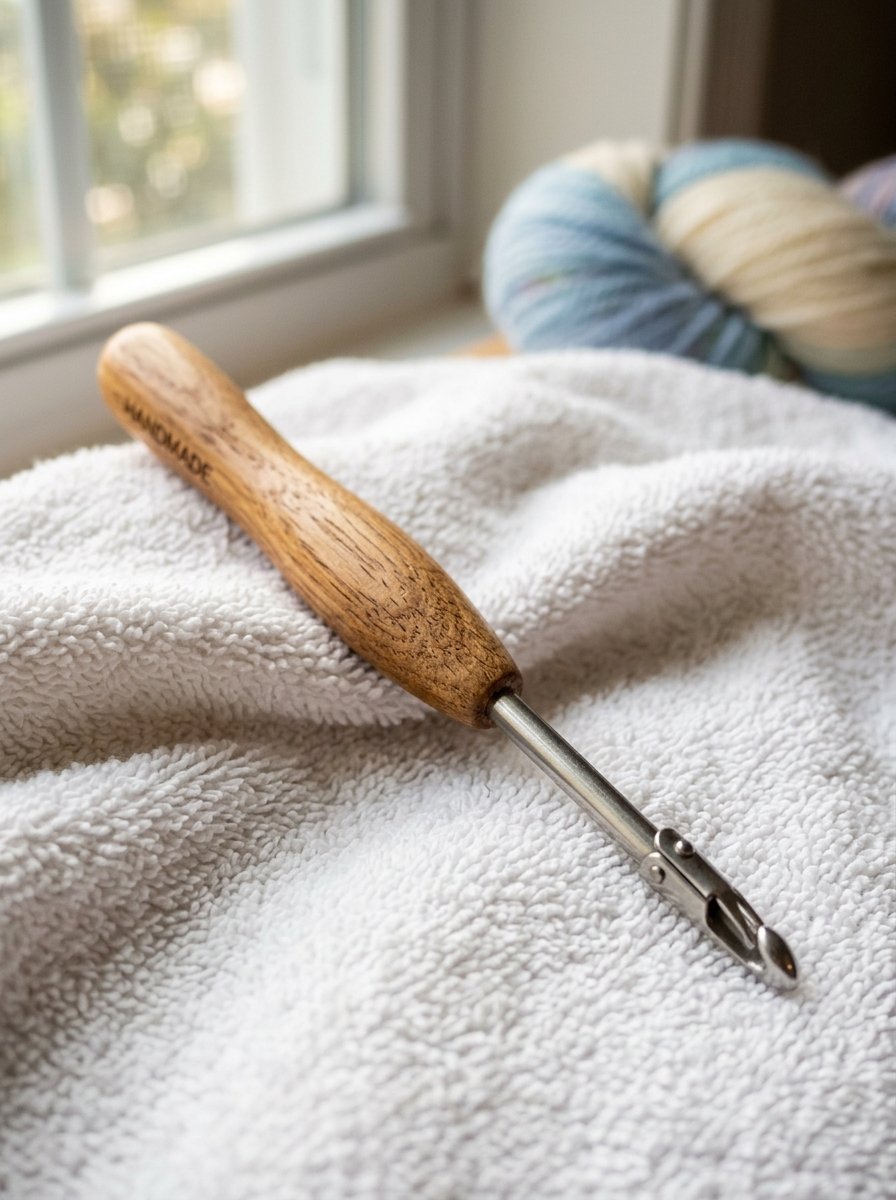 Close up of a latch hook with a polished wooden handle placed on a folded white towel near a ball of yarn.