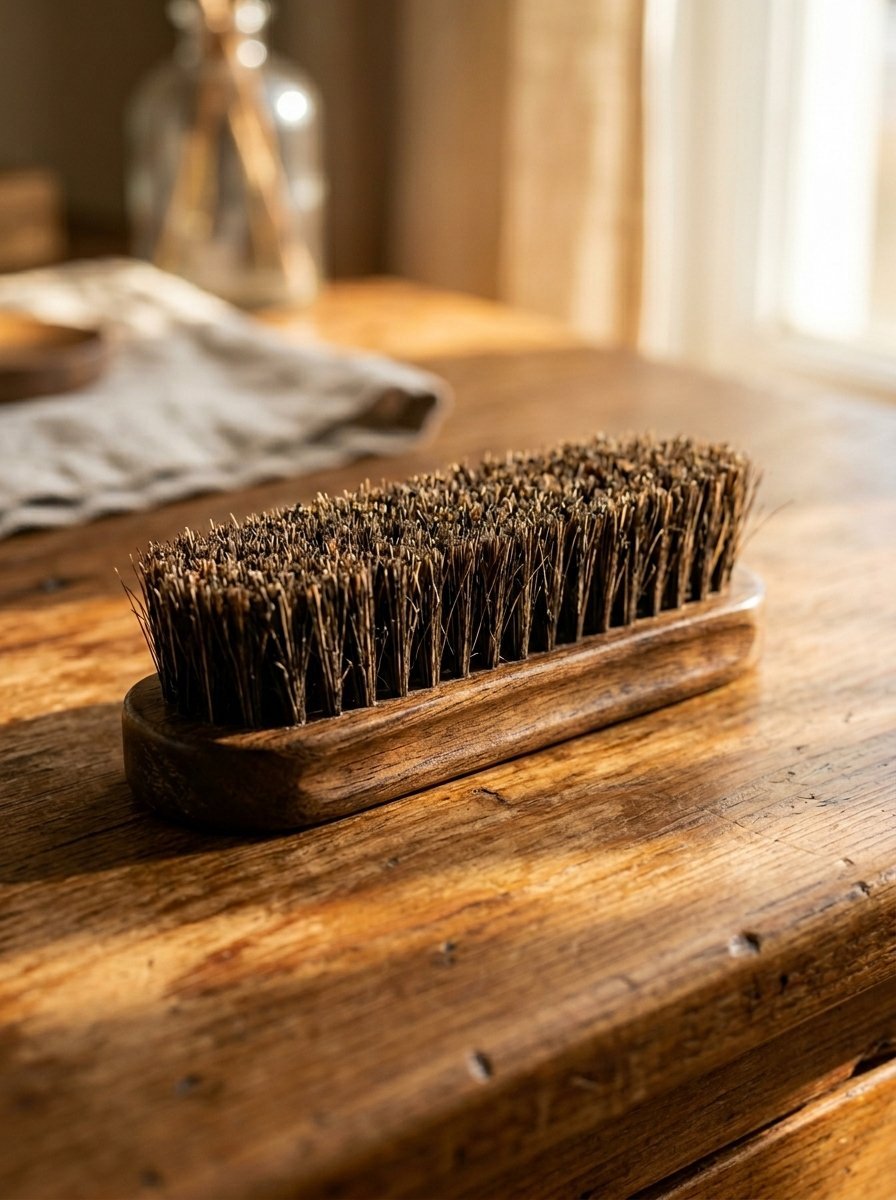 Close up of a rectangular shoe shine brush with stiff dark bristles on a weathered wooden surface.