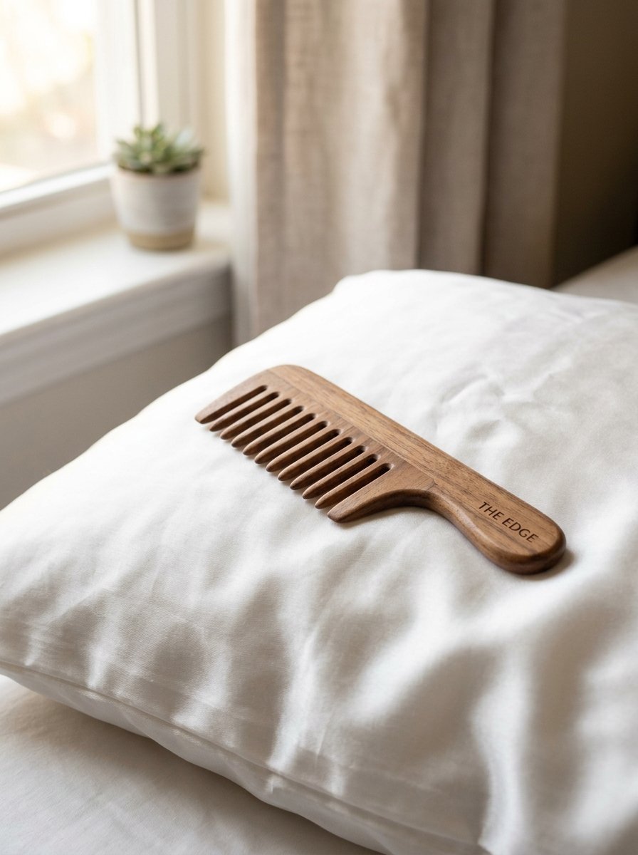 The Edge brand wooden hair comb lying on a white satin pillow near a sunny window.