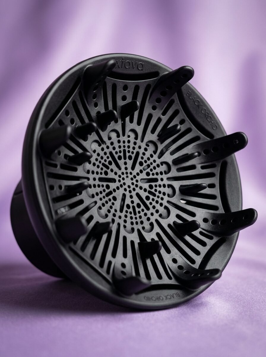 Round black hair dryer diffuser accessory featuring multiple air vents and prong extensions on soft lavender cloth.