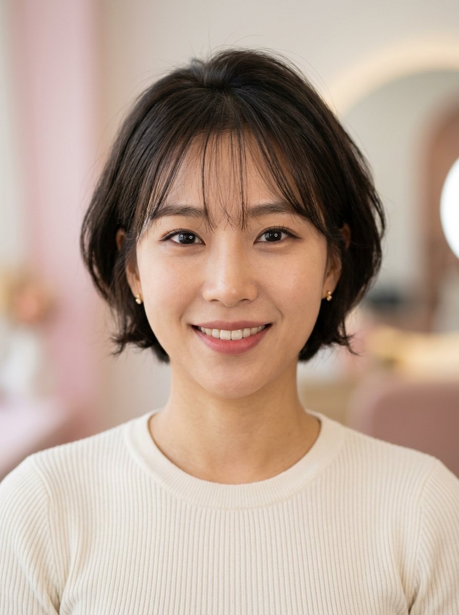 Close-up of a smiling East Asian woman with dark hair styled in a short bob with bangs, wearing a ribbed cream top.