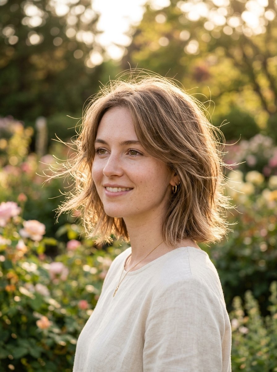 Close up portrait of a woman with short hair wearing a beige linen top standing in a garden with pink roses.