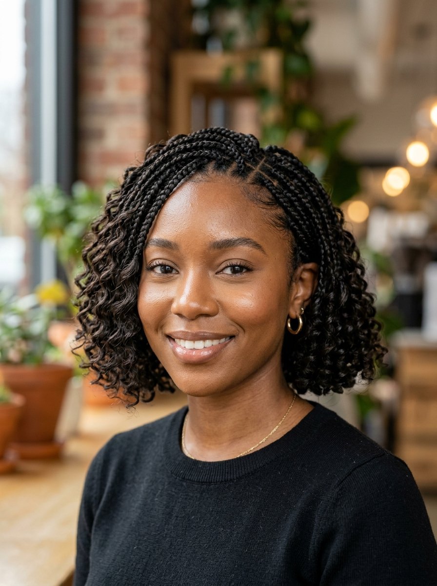 Portrait of a smiling Black woman with a chin-length braided bob hairstyle posing indoors.