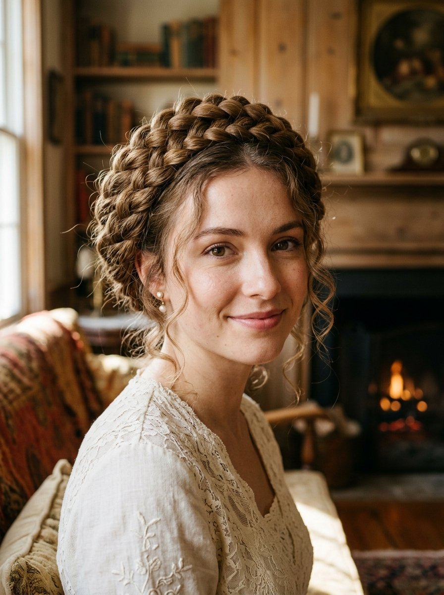 Close-up portrait of a woman wearing a thick braided crown hairstyle and a white lace blouse by a fireplace.