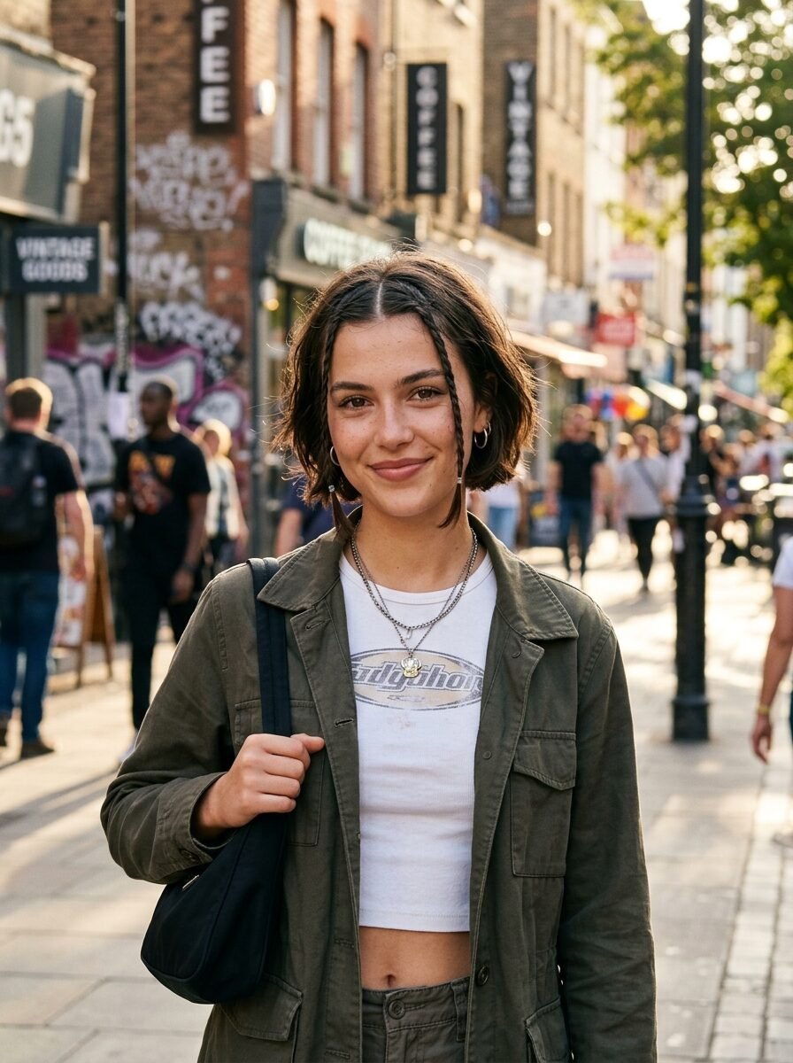 A smiling young woman with short hair and small braids wearing an olive green jacket on a sidewalk.