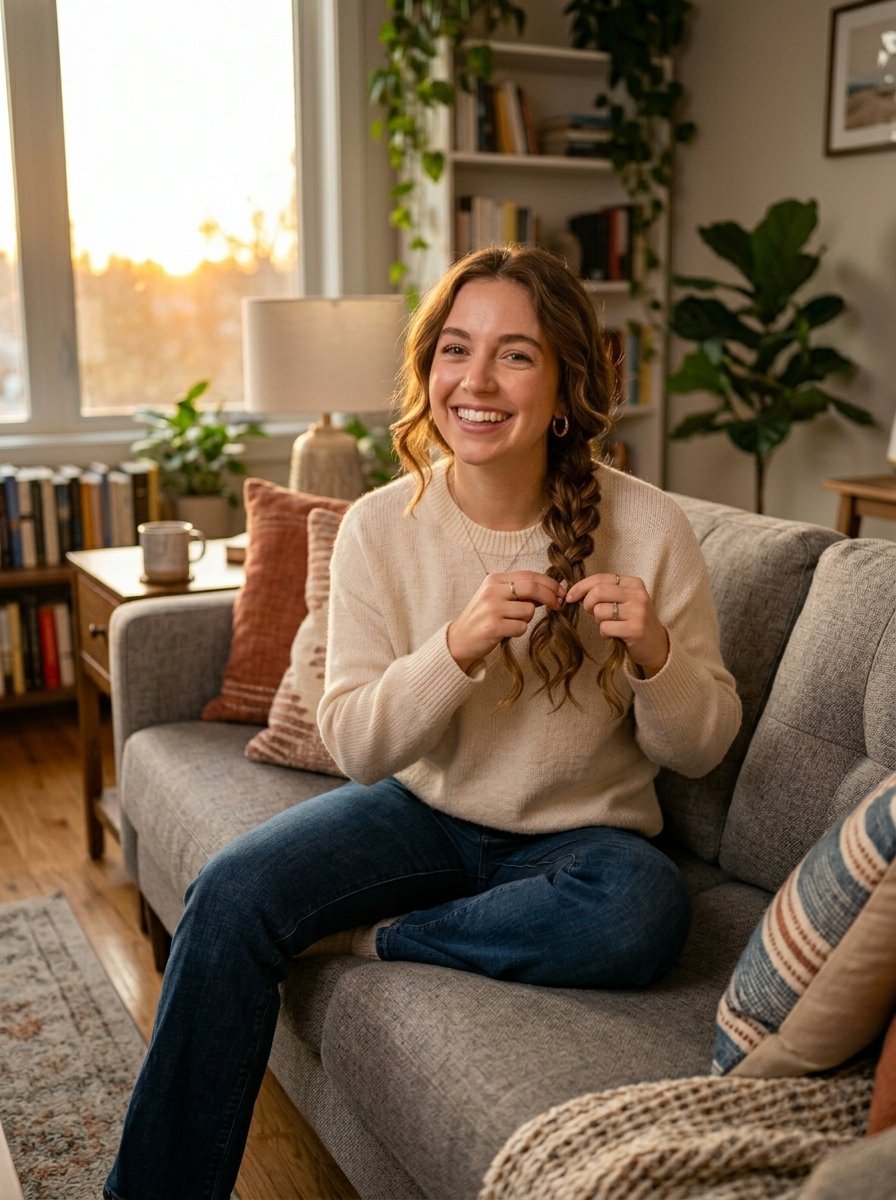 Smiling woman in white sweater braiding her hair while sitting on a comfortable grey sofa near a sunlit window.