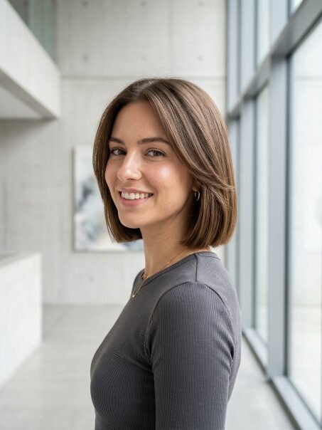 Side profile of a smiling woman with a brown chin-length bob hairstyle standing in a bright minimalist office.