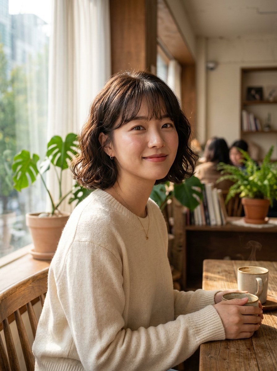 Portrait of a woman with short wavy hair sitting at a rustic wooden table with a hot steaming mug.