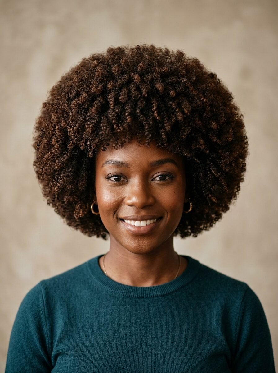Close up headshot of a smiling Black woman with a voluminous curly afro wearing a dark teal sweater.