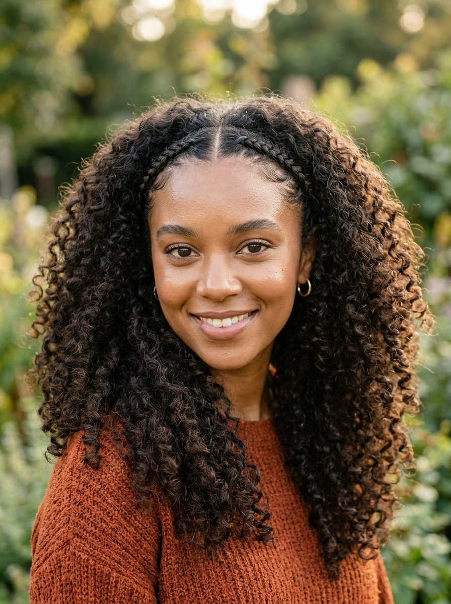 Close-up portrait of a woman with dark curly hair styled with two thin braids at the front.