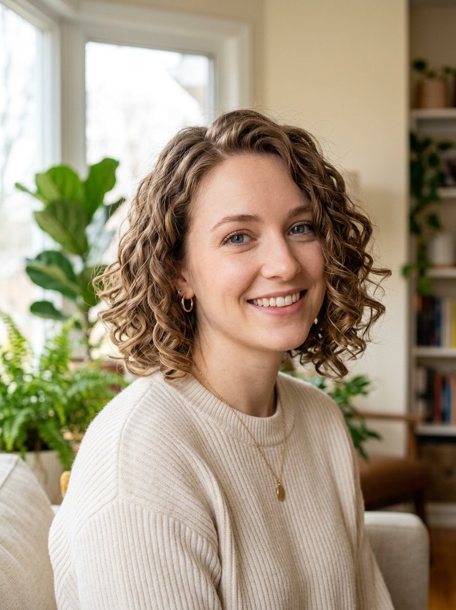 Portrait of a smiling woman with shoulder-length curly hair wearing a cream ribbed sweater and gold jewelry.