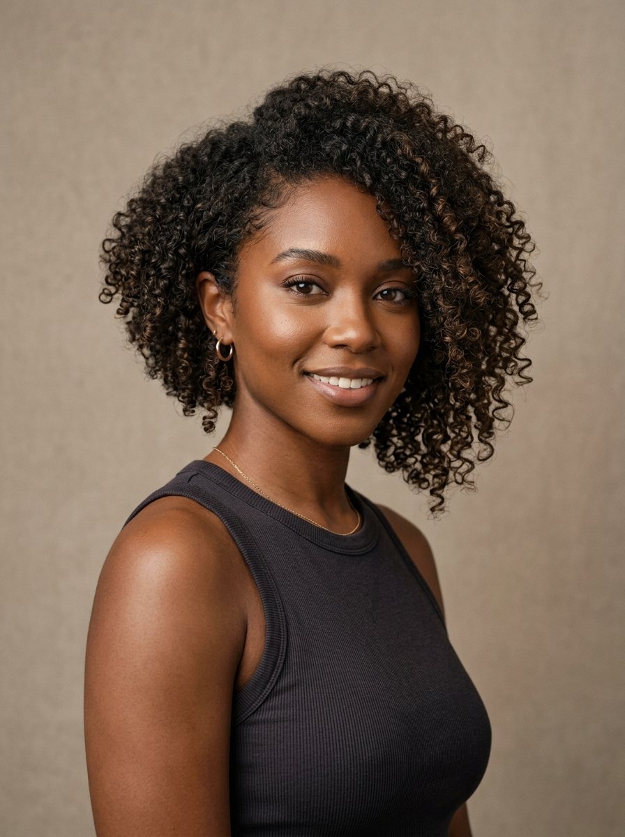 Close up headshot of a smiling Black woman with voluminous textured curly hair wearing a grey ribbed tank top.