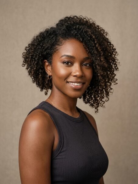 Close-up portrait of a smiling woman with dark, textured curly hair wearing a black ribbed tank top.