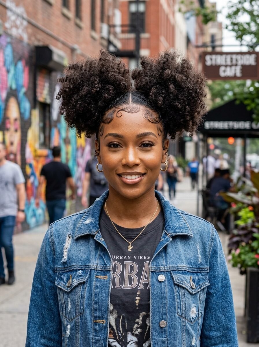 Close up of a woman with curly hair in double buns wearing a denim jacket on a vibrant urban sidewalk.