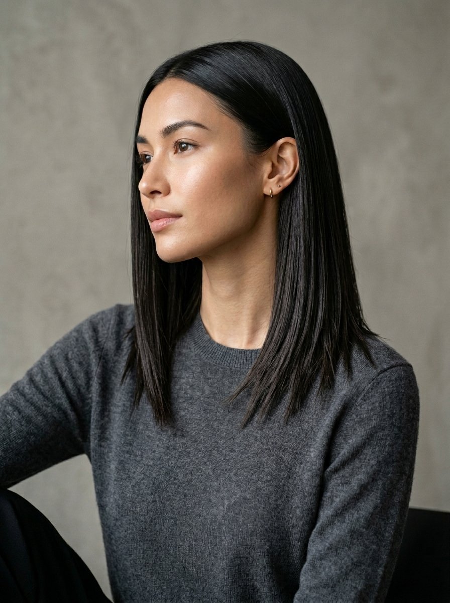 Profile portrait of a female with straight black hair and a soft expression against a neutral studio background.