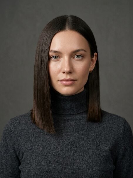 Close up headshot of a woman with straight dark brown hair posing against a plain neutral background.