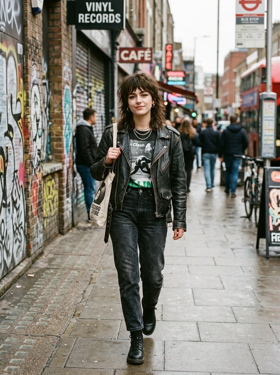 Woman with a shag haircut, leather jacket, and The Clash t-shirt walking on a graffiti-covered London sidewalk.