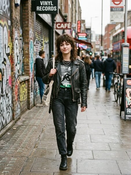 A smiling young woman in a leather jacket and black jeans walks along a graffiti-covered brick sidewalk in London.