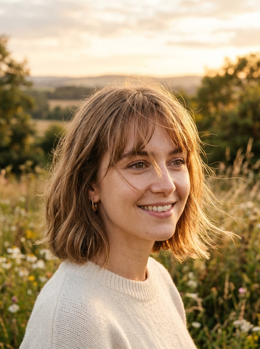 Portrait of a smiling woman with shoulder-length hair wearing a white sweater in a sunny meadow during golden hour.