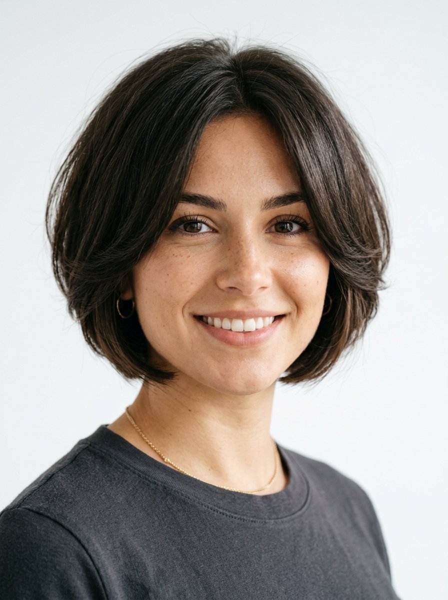 Portrait of a happy brunette woman with a short hairstyle and freckles against a white studio background.