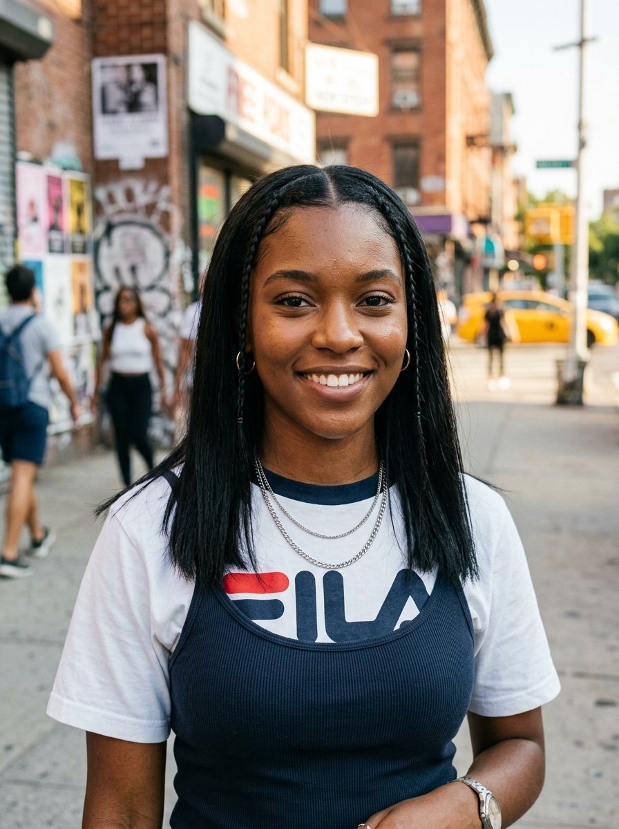 Portrait of a smiling woman with braided hair standing on a busy New York city sidewalk.