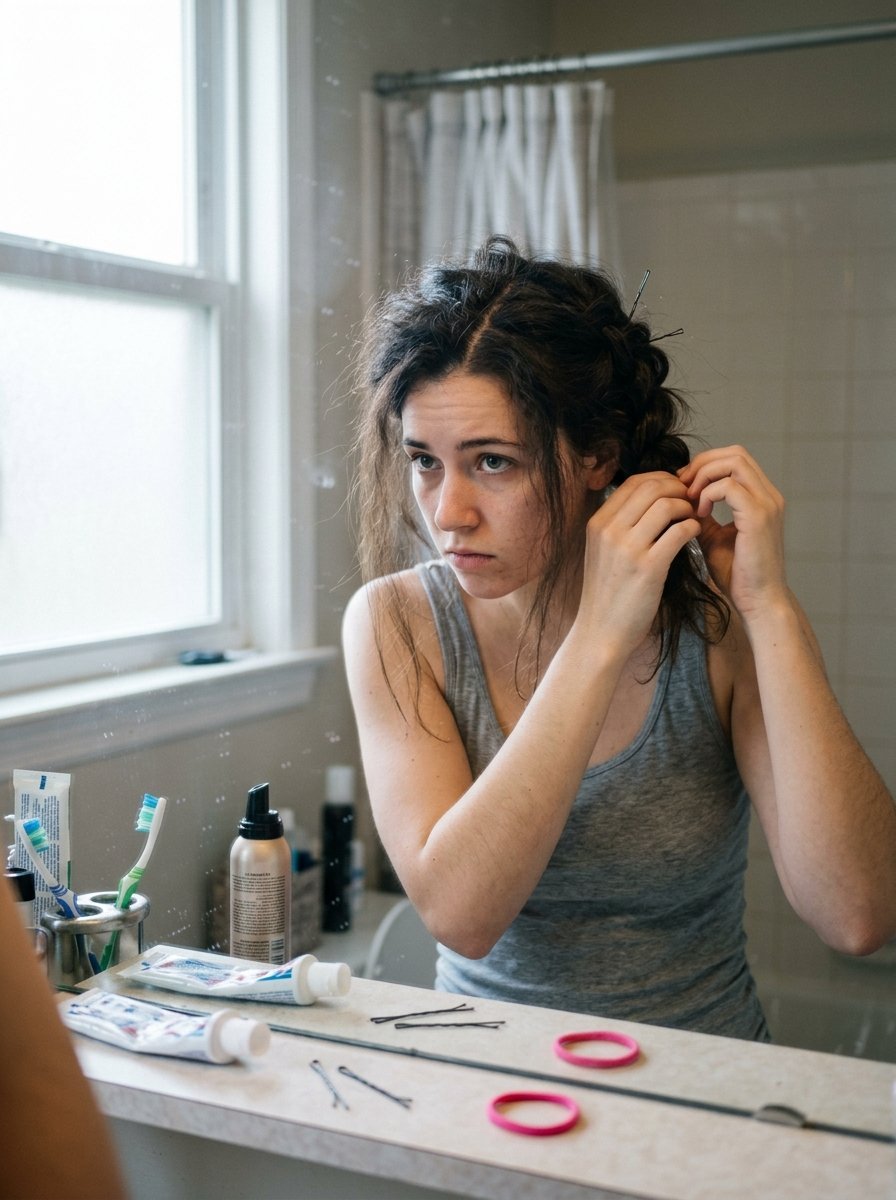 Young woman with messy hair styling a braid in front of a bathroom vanity mirror.