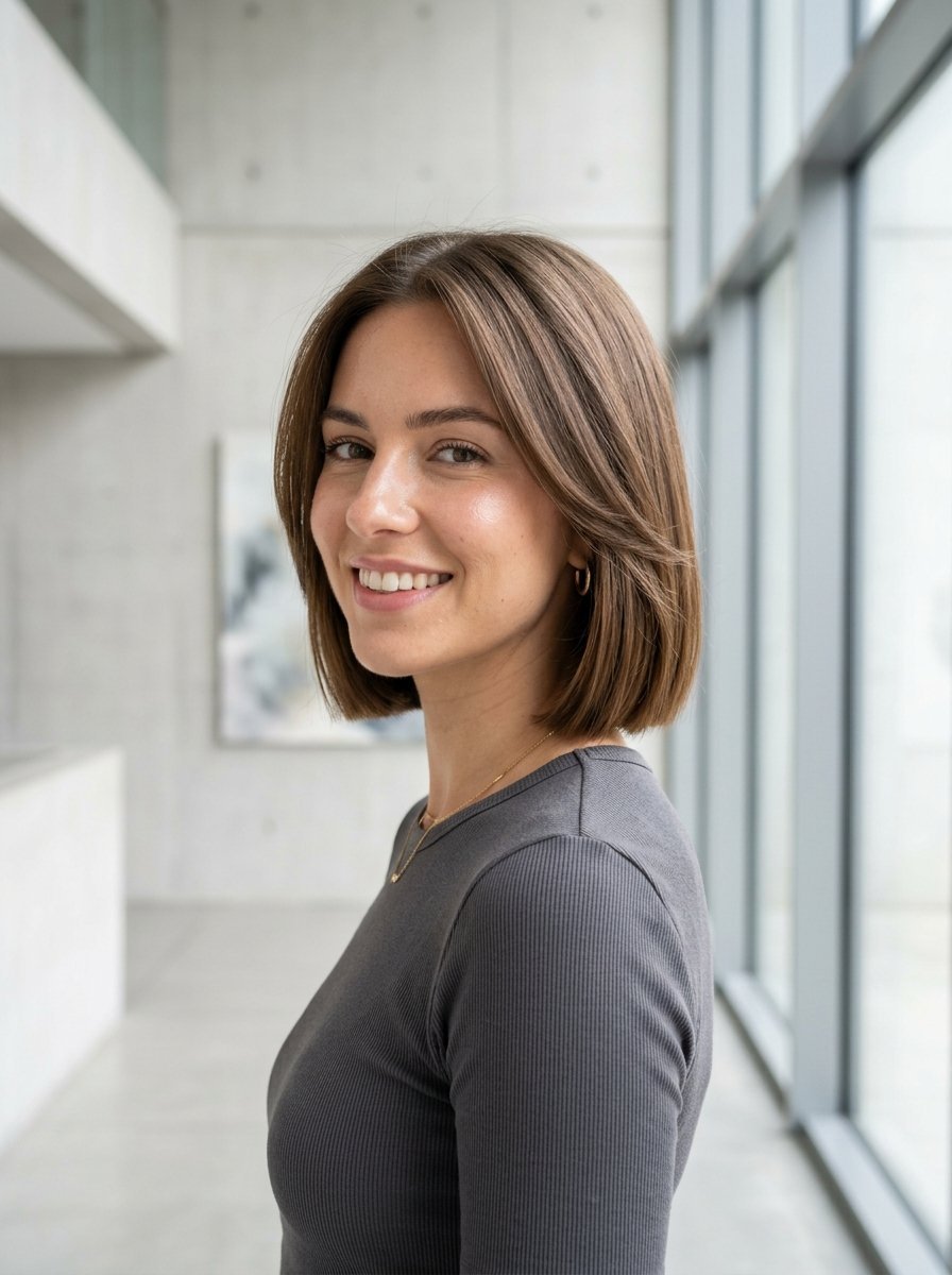 Portrait of a smiling brunette woman wearing a grey ribbed shirt in a bright minimalist office.