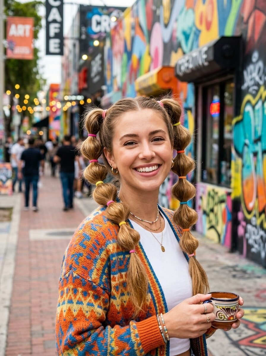 A happy woman in a colorful cardigan and bubble pigtails stands on a street with vibrant graffiti walls.