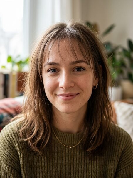 Portrait of a woman wearing a green knitted sweater and a small gold necklace indoors.
