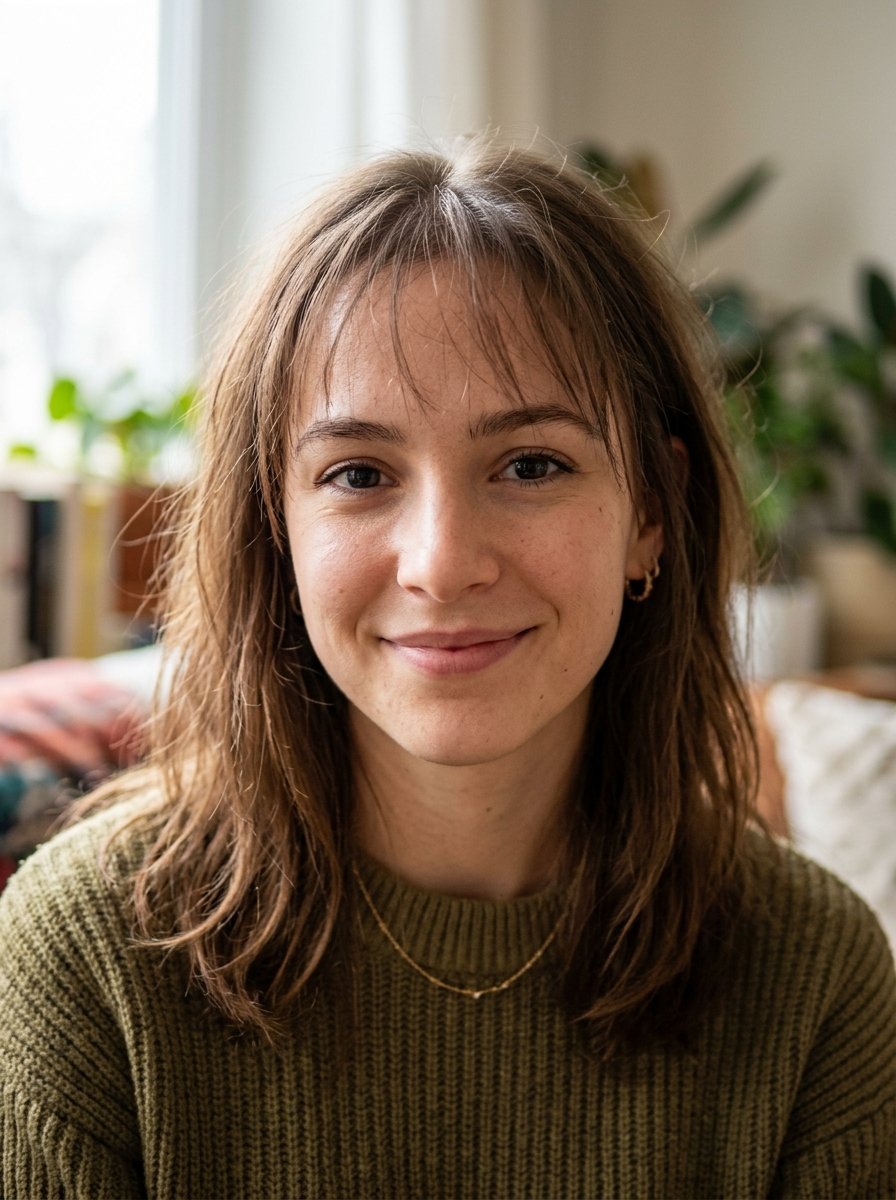 Close-up portrait of a smiling woman wearing an olive green sweater with messy brown hair and soft natural lighting.