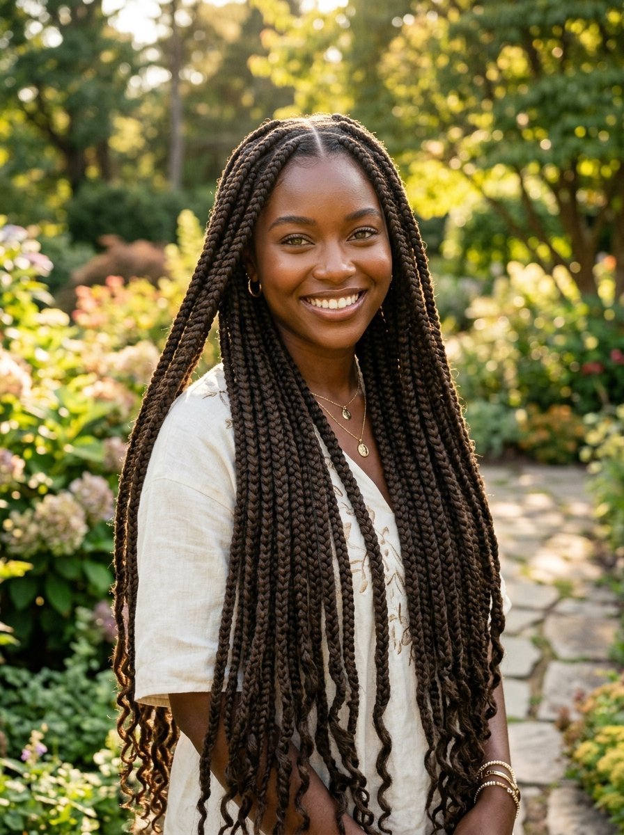 Portrait of a smiling Black woman with long, dark braided hair standing in a sunlit garden.