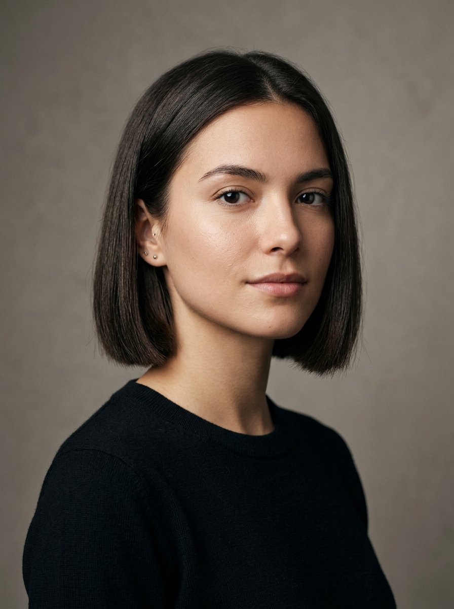 Close-up portrait of a dark-haired woman in a black sweater against a neutral gray background.