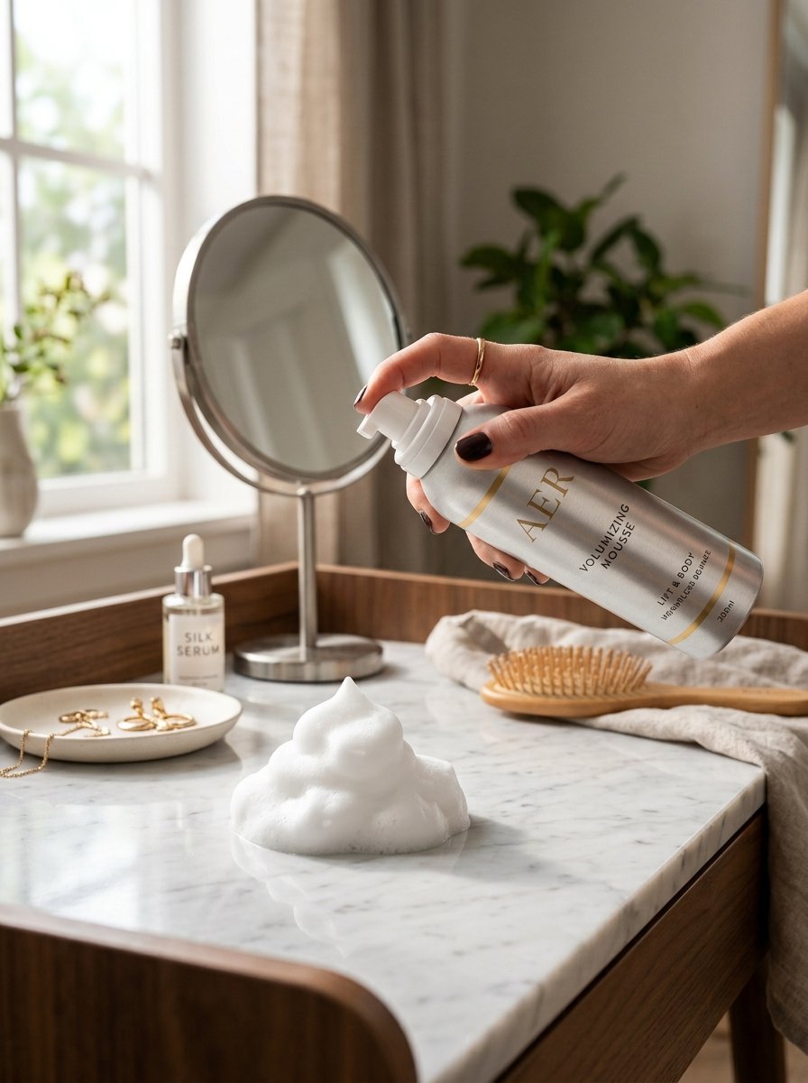 Hand holding an Aer hair mousse bottle with foam sitting on a white marble countertop next to a mirror.