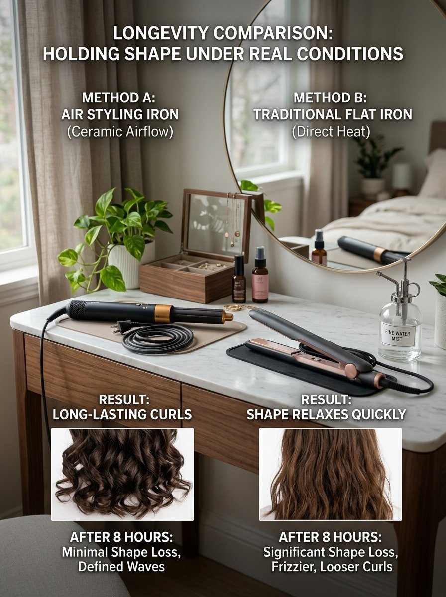 An infographic comparing an air styling iron to a flat iron, displaying curl longevity results after eight hours.