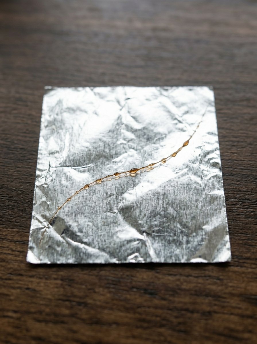 Close up of a curved streak of brown sticky resin beads resting on a shiny wrinkled metallic square.