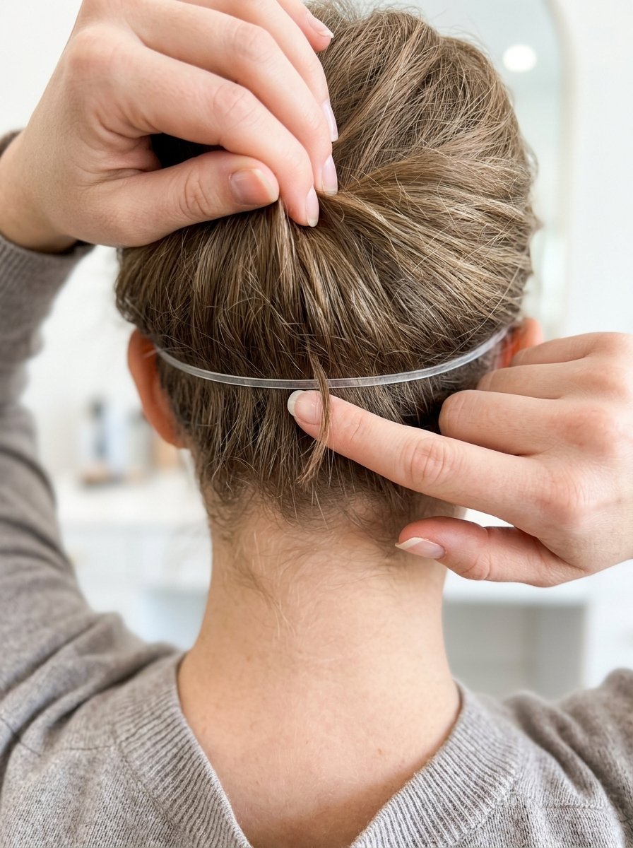 Close-up view of hands positioning a clear fishing line wire for hair extensions on a woman's head.