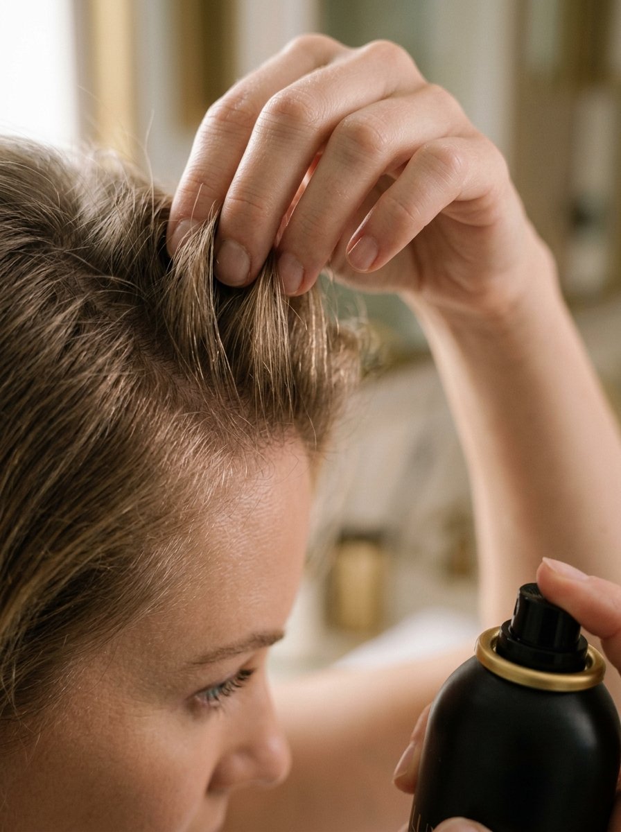 Close up of a person using a black spray bottle to add volume to their blonde hair roots.