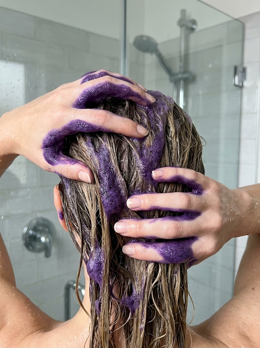 Close-up back view of hands rubbing deep purple shampoo foam into wet blonde hair.