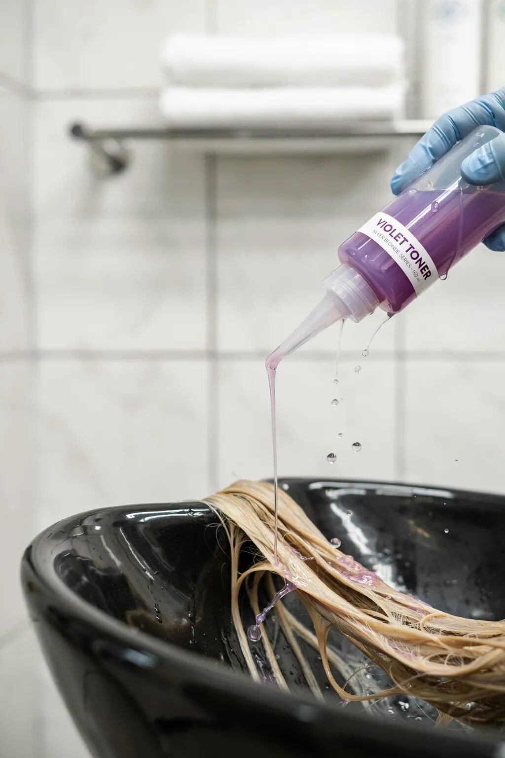 Close-up of a gloved hand pouring violet toning liquid from a squeeze bottle onto blonde hair in a black sink.