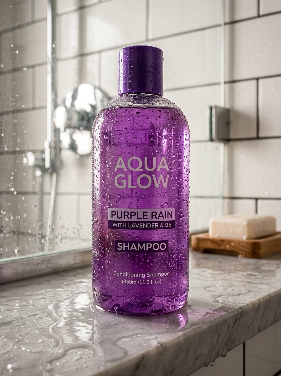 Wet purple bottle of Aqua Glow Purple Rain shampoo on a marble bathroom vanity surface.