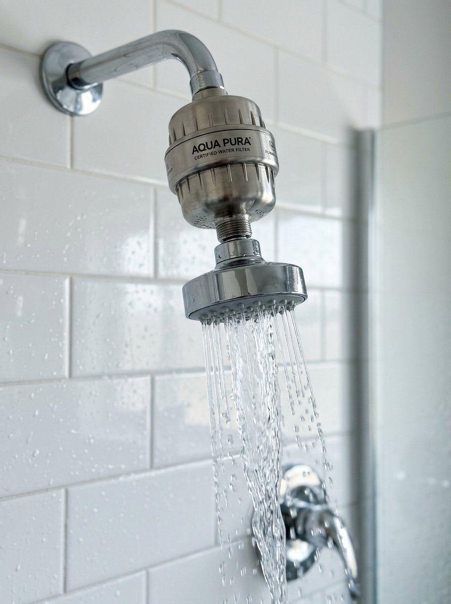 Water flows from a chrome shower head with an attached Aqua Pura filtration unit against a white subway tile wall.