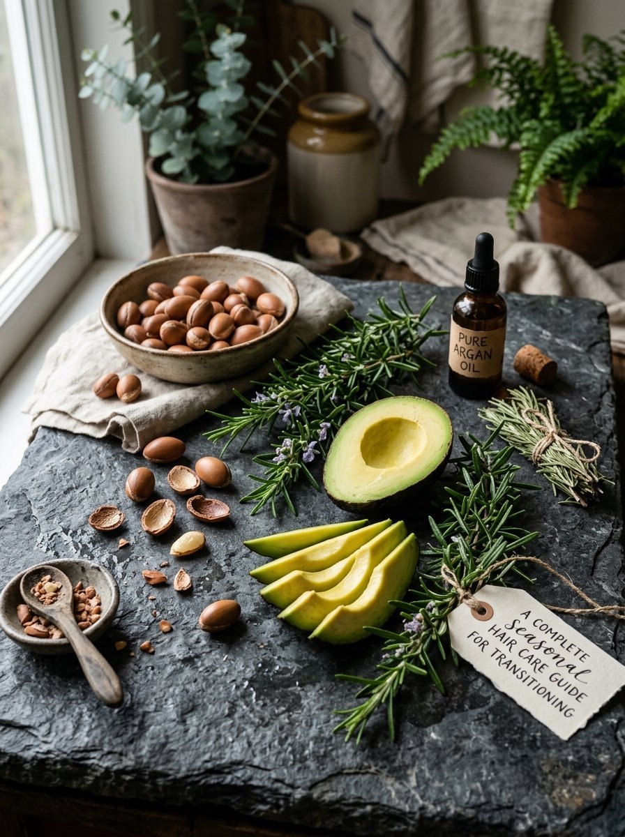 Bowl of argan nuts, sliced avocado, and rosemary sprigs arranged on a dark stone slab with a hair care tag.