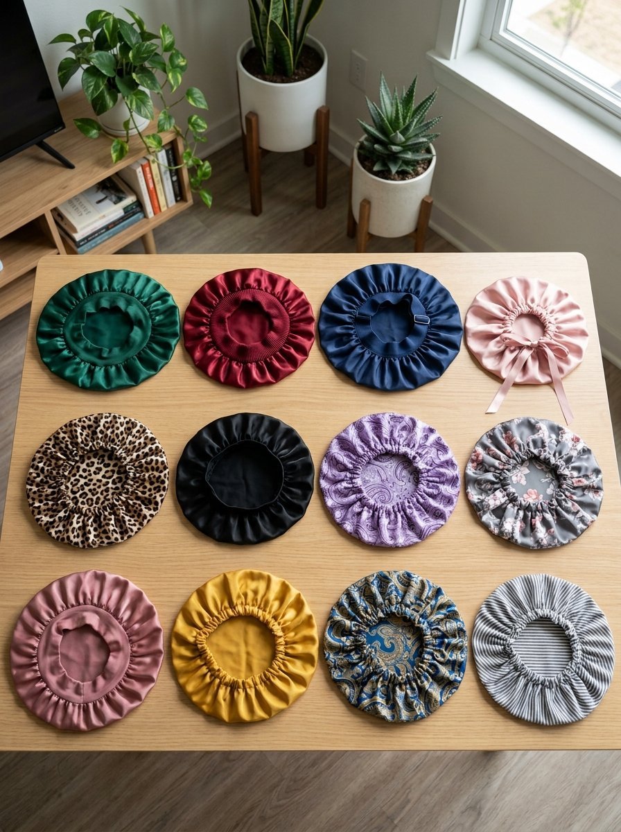 Collection of twelve fabric hair bonnets in various colors and patterns displayed on a flat surface.