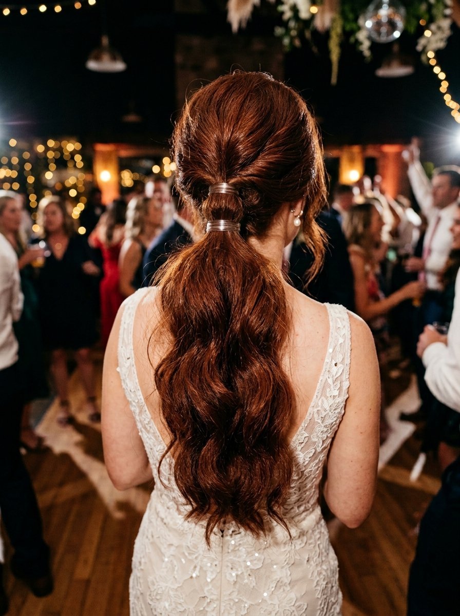 Back view of a woman with long red hair in a styled ponytail standing on a wedding reception dance floor.