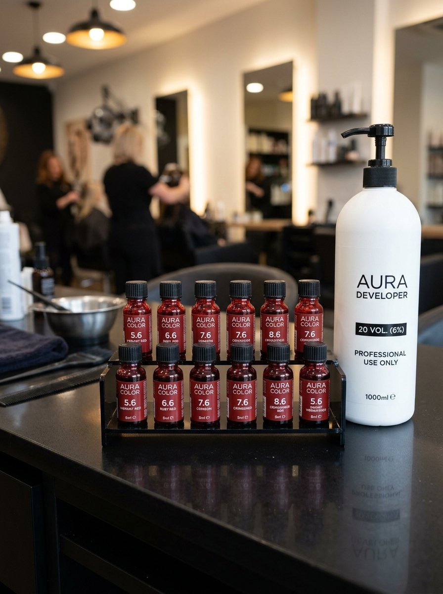 Small bottles of Aura hair color arranged in a two-tier rack next to a large bottle of white developer cream.