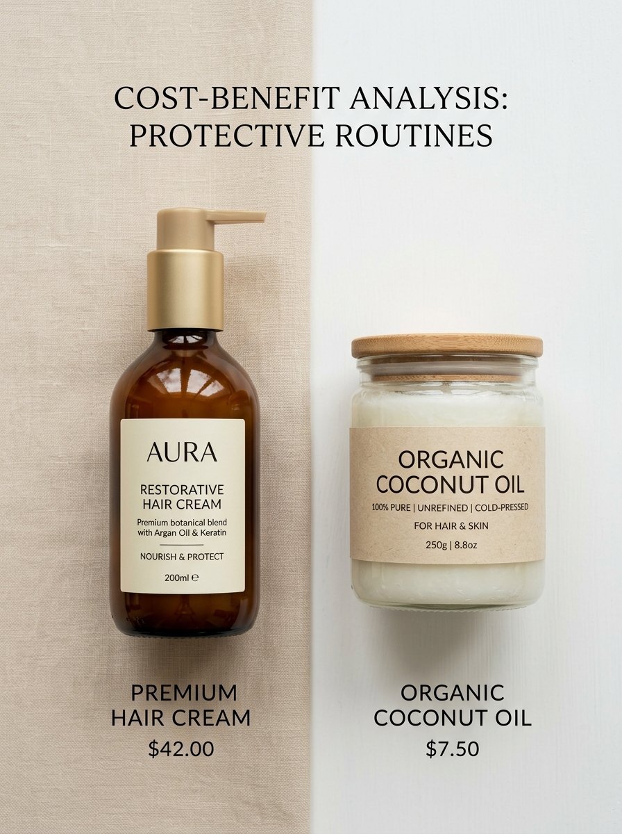 Aura restorative hair cream next to a jar of organic coconut oil with prices displayed.