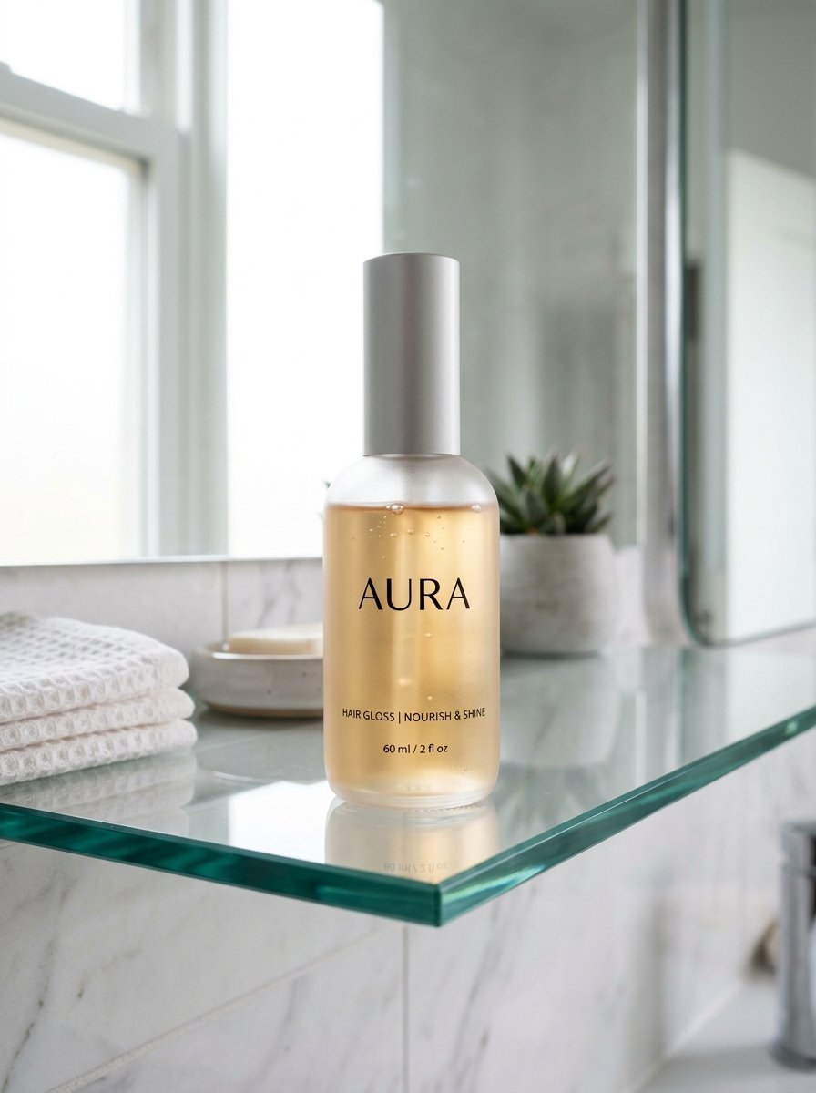 Frosted bottle of Aura Nourish and Shine hair gloss displayed on a modern glass bathroom counter.