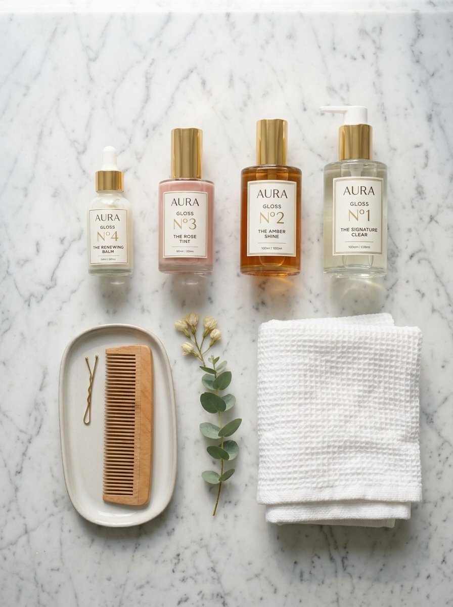 Four Aura hair products with a wooden comb, bobby pin, eucalyptus sprig, and white towel on a marble surface.